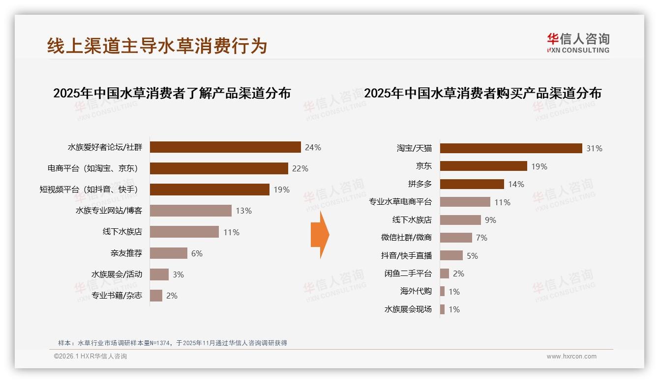 华信人咨询数据洞察：75%消费者线上买水草，淘宝31%京东19%拼抖紧随-2026年1月-水草-38
